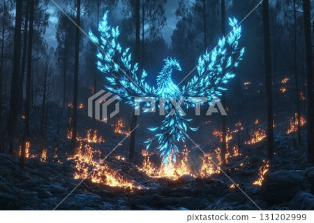 Glowing phoenix made of vibrant plants rises majestically from the ashes in a mystical, enchanted forest setting at sunrise 131202999