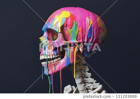 Vibrant skeletal form with skull painted in bright colors and dripping paint accents 131203009