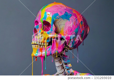 Vibrant skeletal form with skull painted in bright colors and dripping paint accents 131203010