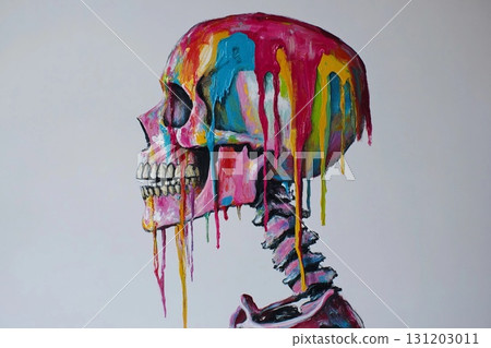 Vibrant skeletal form with skull painted in bright colors and dripping paint accents 131203011