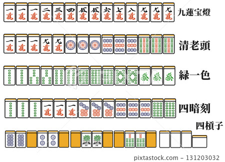 Mahjong, Yakuman Set 2 (Kyurenpoto, Qing Lao Tou, Green All-Color, Four Concealed Triples, Four Kongs) 131203032