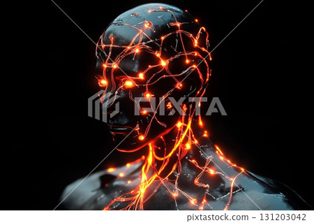 Humanoid robot showcases glowing circuits in a futuristic environment Humanoid robot showcases glowing circuits in a futuristic environment 131203042