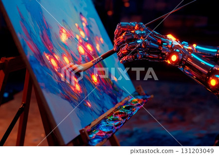 Fusion of AI and human creativity with a glowing mechanical hand painting on a canvas in an artistic studio at night Fusion of AI and human creativity with a glowing mechanical hand painting on a canvas in an artistic studio at night 131203049