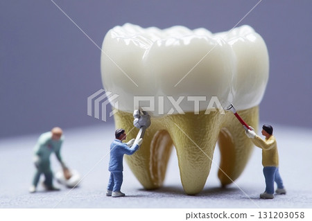 Miniature doctors treat a giant tooth in a dental clinic setup for educational purposes 131203058
