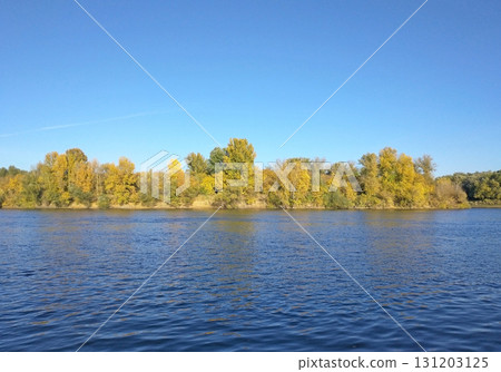 yellow and orange trees of the forest are reflected in the water of the river 131203125