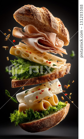 Sliced sandwich ingredients suspended in mid-air with fresh greens Sliced sandwich ingredients suspended in mid-air with fresh greens 131203388
