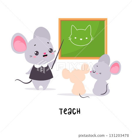 Little Mouse Teaching with Pointer Demonstrating English Verbs for Educational Activity Vector Illustration 131203478