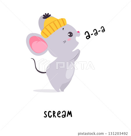 Little Mouse Scream Demonstrating English Verbs for Educational Activity Vector Illustration 131203492
