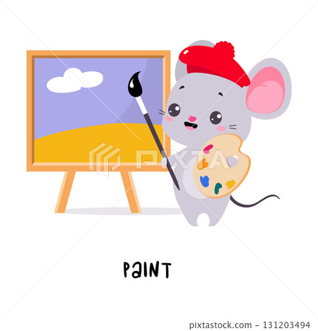 Little Mouse Paint Picture Demonstrating English Verbs for Educational Activity Vector Illustration 131203494
