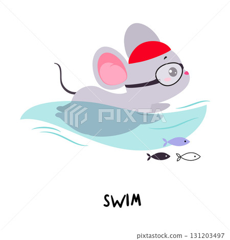 Little Mouse Swim in Sea Demonstrating English Verbs for Educational Activity Vector Illustration 131203497