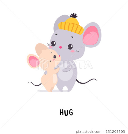 Little Mouse Hug Demonstrating English Verbs for Educational Activity Vector Illustration 131203503