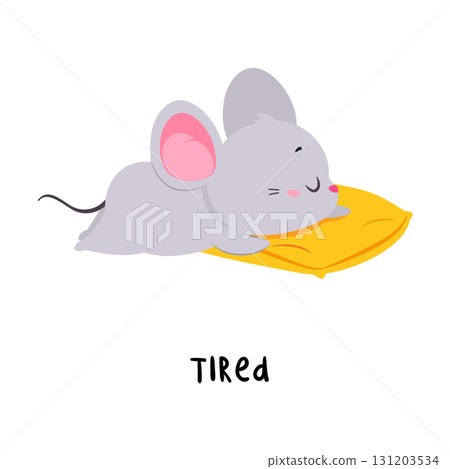 Little Mouse Tired Lying on Pillow Demonstrating English Verbs for Educational Activity Vector Illustration Little Mouse Tired Lying on Pillow Demonstrating English Verbs for Educational Activity Vector Illustration 131203534