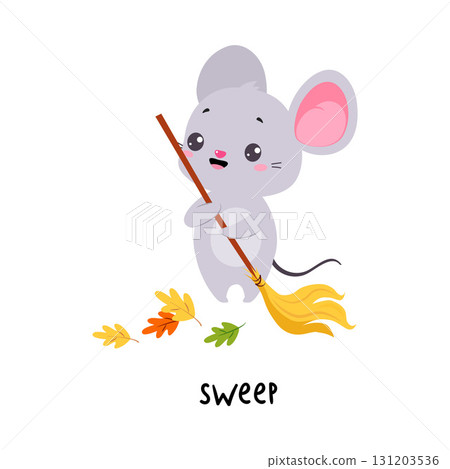 Little Mouse Sweep Foliage with Broom Demonstrating English Verbs for Educational Activity Vector Illustration Little Mouse Sweep Foliage with Broom Demonstrating English Verbs for Educational Activity Vector Illustration 131203536