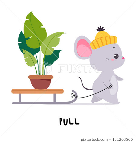 Little Mouse Pull Sledge with Flowerpot Demonstrating English Verbs for Educational Activity Vector Illustration 131203560