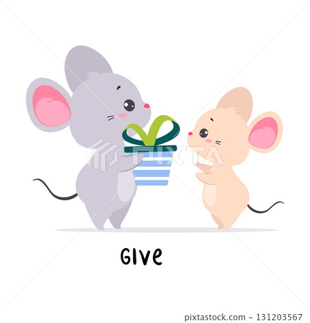 Little Mouse Give Gift Box Demonstrating English Verbs for Educational Activity Vector Illustration 131203567