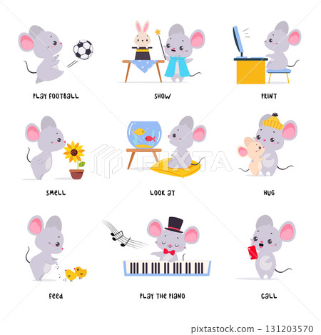 Little Mouse Demonstrating English Verbs for Educational Activity Vector Set 131203570