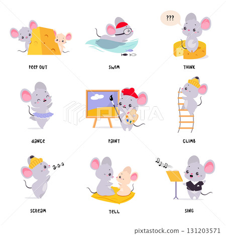 Little Mouse Demonstrating English Verbs for Educational Activity Vector Set 131203571