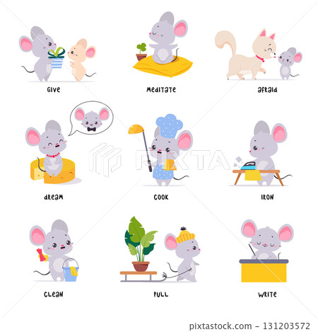 Little Mouse Demonstrating English Verbs for Educational Activity Vector Set 131203572