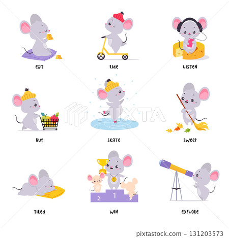 Little Mouse Demonstrating English Verbs for Educational Activity Vector Set Little Mouse Demonstrating English Verbs for Educational Activity Vector Set 131203573