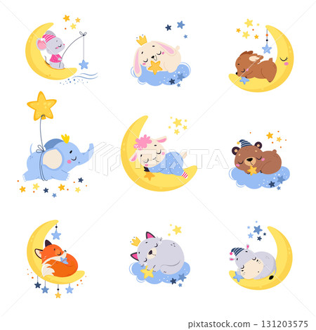 Moon with Animal Sleeping Have Sweet Dreams Vector Set 131203575