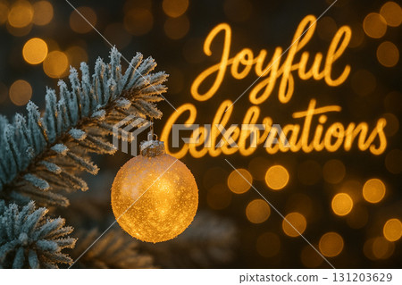 Joyful Celebrations text with golden sparkles and pine branch decoration on dark background. Joyful Celebrations text with golden sparkles and pine branch decoration on dark background. 131203629