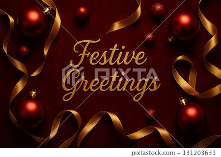 Festive Greetings text with golden sparkles and ribbon design on red festive background. Festive Greetings text with golden sparkles and ribbon design on red festive background. 131203631