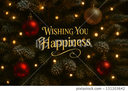 Wishing You Happiness text with golden sparkles and red baubles on dark background. Wishing You Happiness text with golden sparkles and red baubles on dark background. 131203642