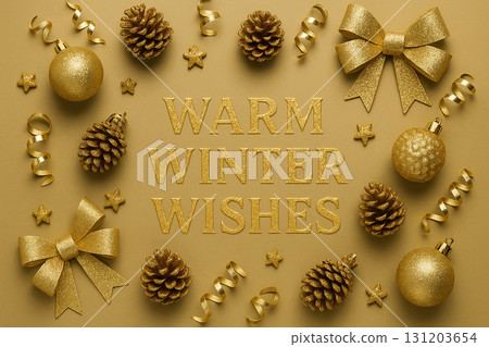 Warm Winter Wishes text with golden ornaments, pinecones and snowflakes on bright background. 131203654