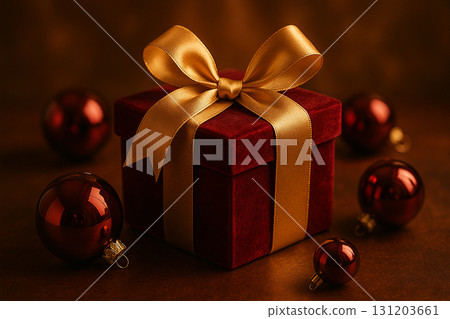 No visible text, Red gift box with golden ribbon and baubles on glowing festive dark background. No visible text, Red gift box with golden ribbon and baubles on glowing festive dark background. 131203661