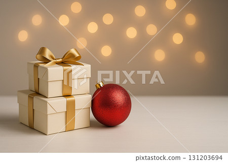 Red bauble with golden gift boxes on clean white festive background. Red bauble with golden gift boxes on clean white festive background. 131203694