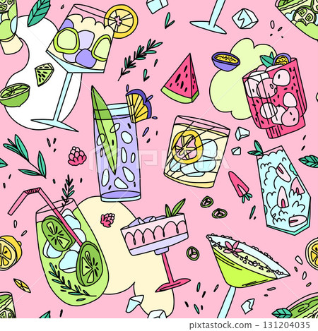 Summer cocktail pattern with mojito, martini, lemonade and tropical fruits on pink background 131204035