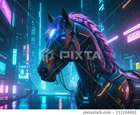 A mechanical horse in a neon-lit cyberpunk city 131204081