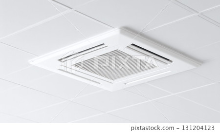 Modern cassette air conditioner unit for cooling and climate control, part of ventilation system on white suspended ceiling with gridded design, ensuring comfort 131204123