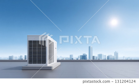 Efficient air conditioning unit system on rooftop with clear blue sky background. modern hvac technology provides powerful cooling and ventilation for city building 131204124