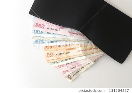 Turkish lira banknotes in a wallet isolated on white background. 131204227