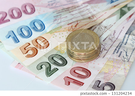 Bunch of Various Turkish Currency Lira Banknotes and Coins. Turkish Lira banknotes and coins. 131204234