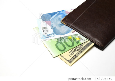 Turkish lira, Dollar, Euro banknotes in a wallet isolated on white background. 131204239