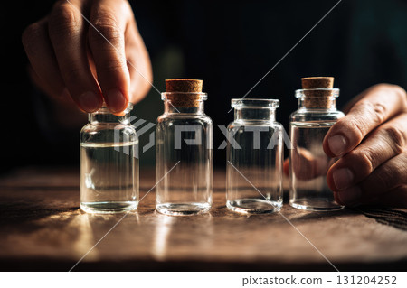 Hands arranging glass vial cork stopper transparent liquid wooden table close up studio lighting Asian skin tone laboratory science calm focus organization experiment reflection clean 131204252
