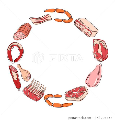 Assorted meat cuts, sausage, ham, bacon, ribs, steak and chicken arranged in a circular frame on white background for culinary and food design themes in flat style. 131204438