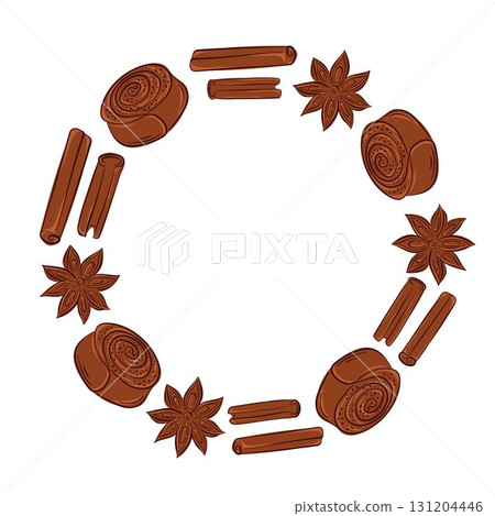 Circular frame border with flat style cinnamon bun, sticks and star anise spice on white background with empty center space for spice design. 131204446