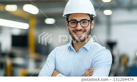 Smiling young engineer in hard hat posing with folded arms at industrial workplace Smiling young engineer in hard hat posing with folded arms at industrial workplace 131204474