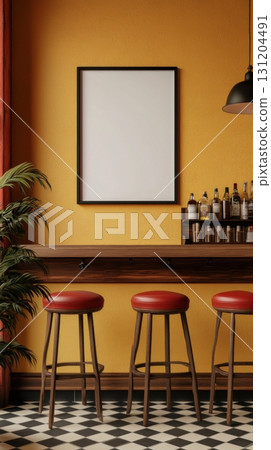 Minimalist cafe interior with blank frame and seating, art mock up 131204491