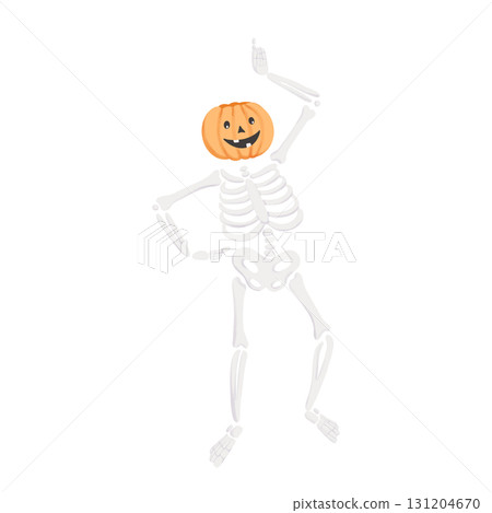 Skeleton with a Pumpkin Head in dynamic pose. Hand drawn funny scary illustration isolated on a background. Perfect for Halloween designs, spooky decorations, posters, invitations. Skeleton with a Pumpkin Head in dynamic pose. Hand drawn funny scary illustration isolated on a background. Perfect for Halloween designs, spooky decorations, posters, invitations. 131204670
