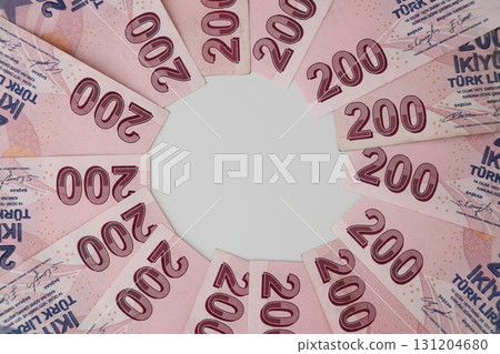 Turkish Lira banknotes of various color, pattern and value on white background 131204680