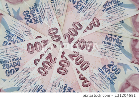 Turkish Lira banknotes of various color, pattern and value on white background 131204681
