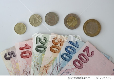 Bunch of Various Turkish Currency Lira Banknotes and Coins. Turkish Lira banknotes and coins. Bunch of Various Turkish Currency Lira Banknotes and Coins. Turkish Lira banknotes and coins. 131204689