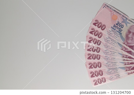Turkish Lira banknotes of various color, pattern and value on white background 131204700