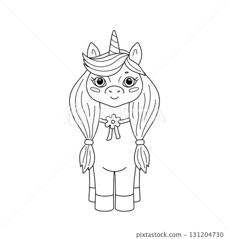 Kids coloring book with cute unicorn and flowers. Cartoon sketch animal in nature. Simple childish vector illustration. 131204730