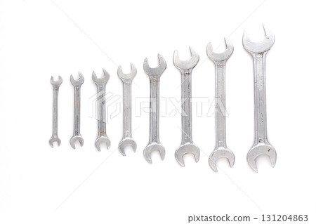 Set of wrenches different size on white background with copy space, text place. Banner with instruments kit for repair car 131204863