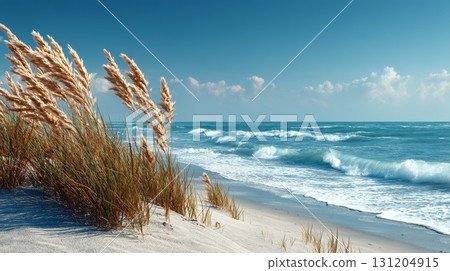 Serene Coastal Dune with Beachgrass and Gentle Ocean Waves 131204915